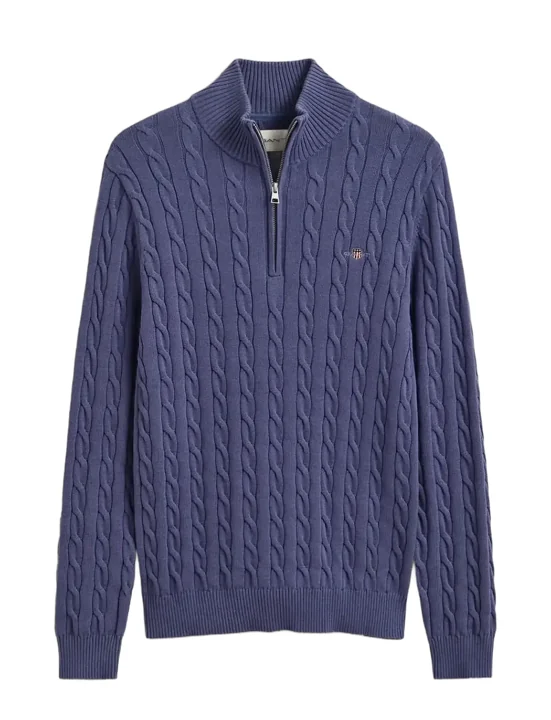Kabelstickad bomullströja med half-zip